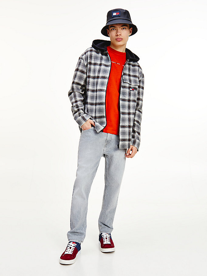 black check organic cotton hooded overshirt for men tommy jeans