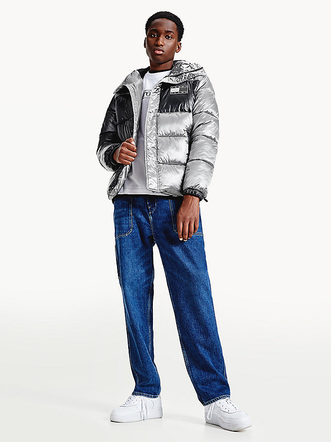 grey metallic colour-blocked padded puffer jacket for men tommy jeans