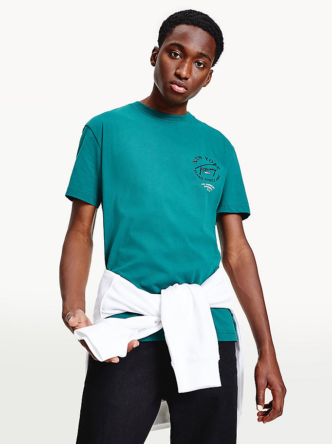 green metallic tonal logo organic cotton t-shirt for men tommy jeans
