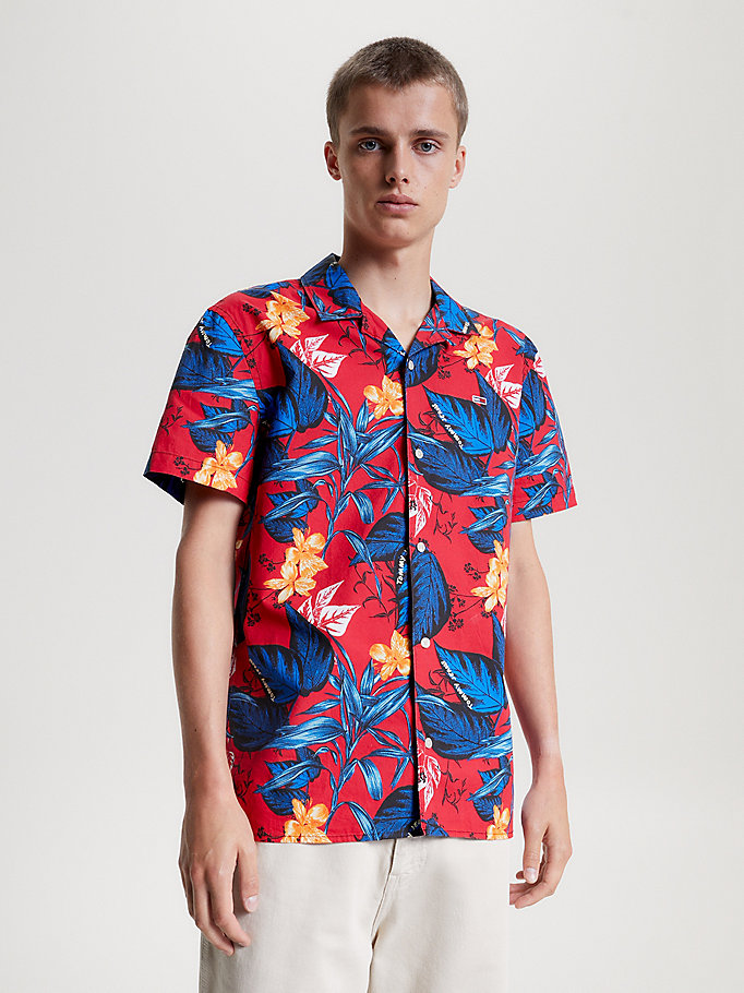 red hawaiian short sleeve camp shirt for men tommy jeans