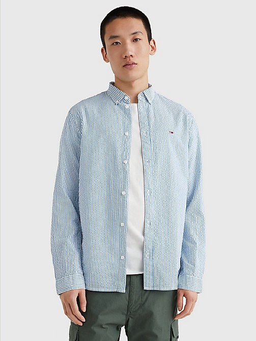 blue stripe organic cotton seersucker shirt for men tommy jeans