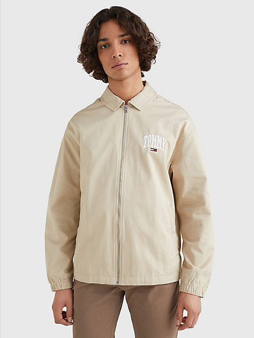 beige tommy embroidery organic cotton zip-thru jacket for men tommy jeans