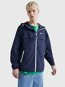 blue toggle cord hood chicago windbreaker for men tommy jeans