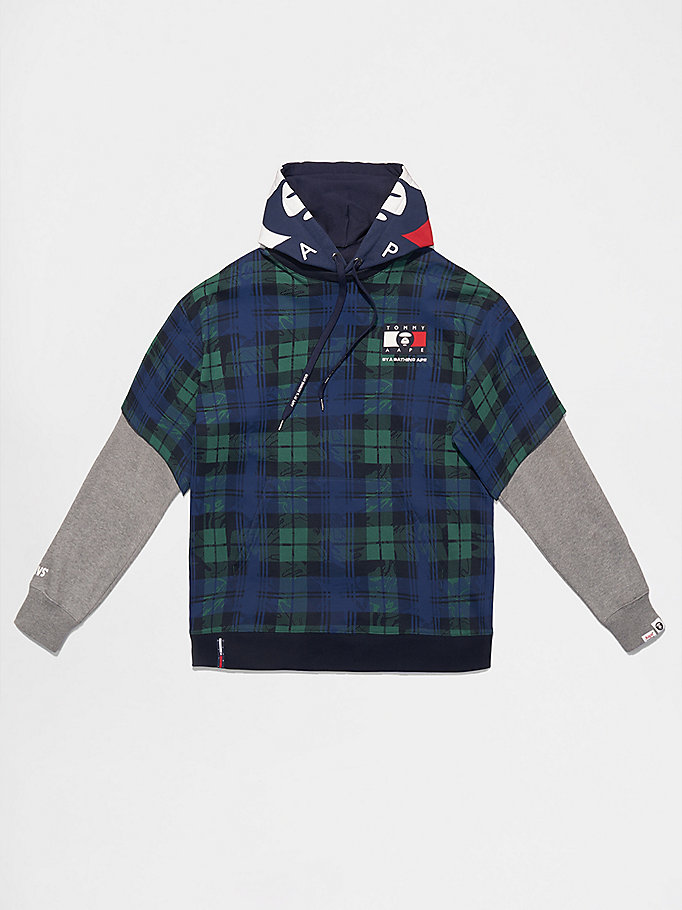 blue tommy x aape plaid hoody for unisex tommy jeans