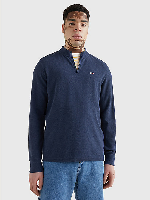 blue quarter-zip organic cotton waffle sweatshirt for men tommy jeans