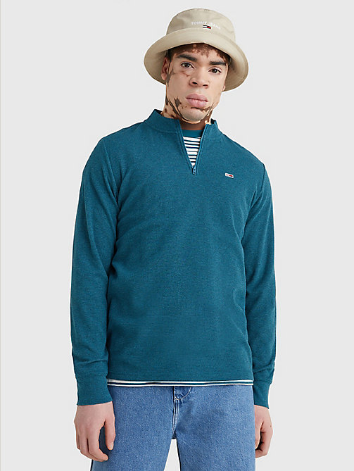 blue quarter-zip organic cotton waffle sweatshirt for men tommy jeans