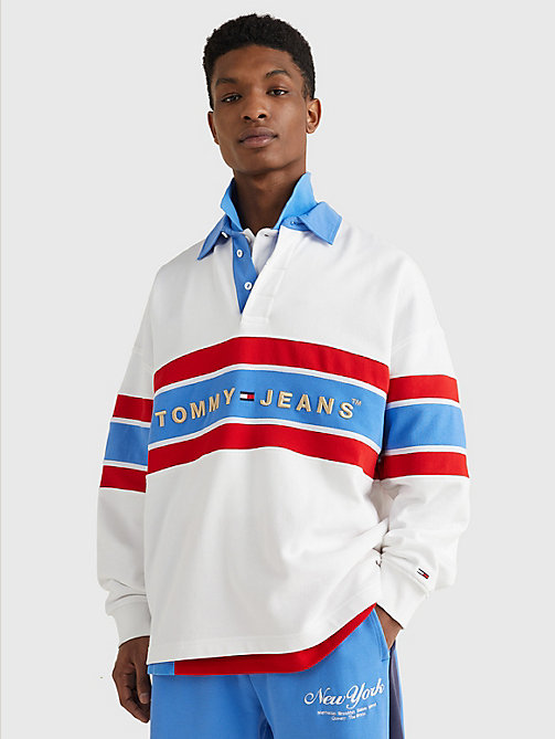 polo de rugby rayé blanc pour hommes tommy jeans