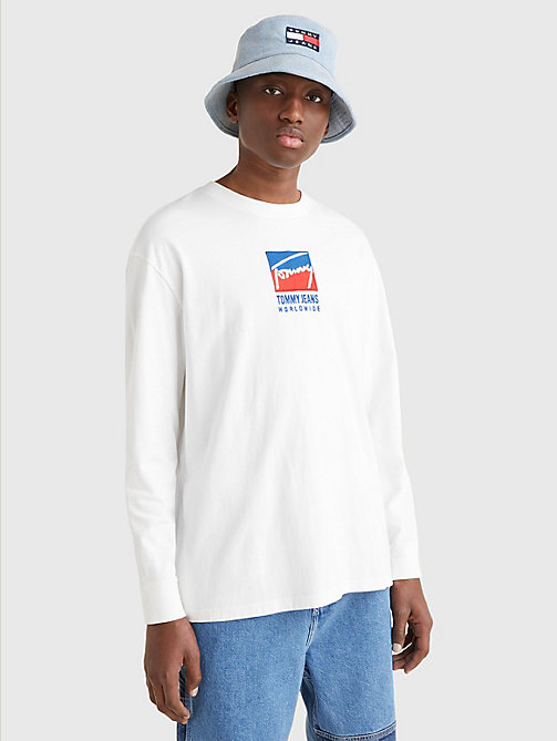 white long sleeve logo embroidery t-shirt for men tommy jeans
