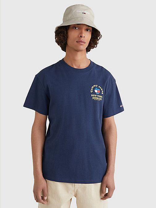 t-shirt con stampa sportiva blu da uomo tommy jeans