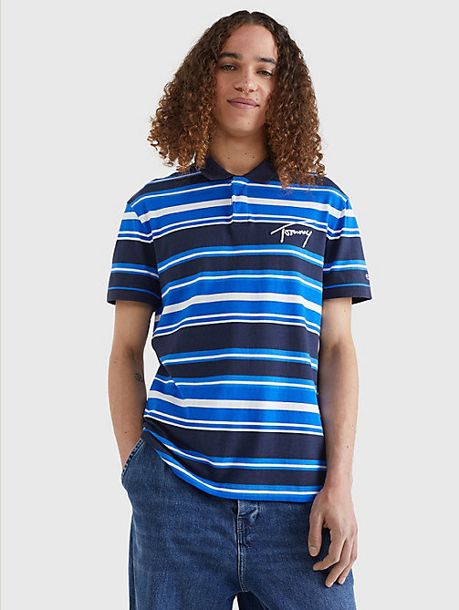 blue signature logo stripe jersey polo for men tommy jeans