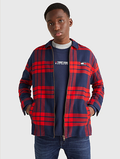 red zip-thru check overshirt for men tommy jeans