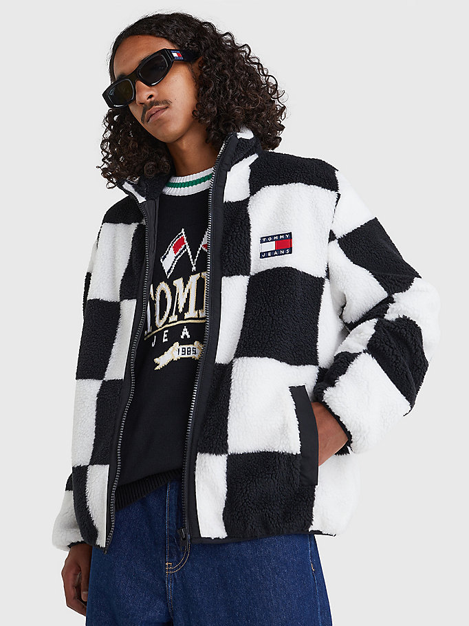 white checkerboard relaxed sherpa jacket for men tommy jeans