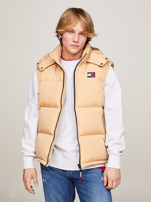 beige hooded down alaska puffer vest for men tommy jeans