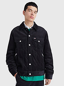 black corduroy relaxed fit trucker jacket for men tommy jeans
