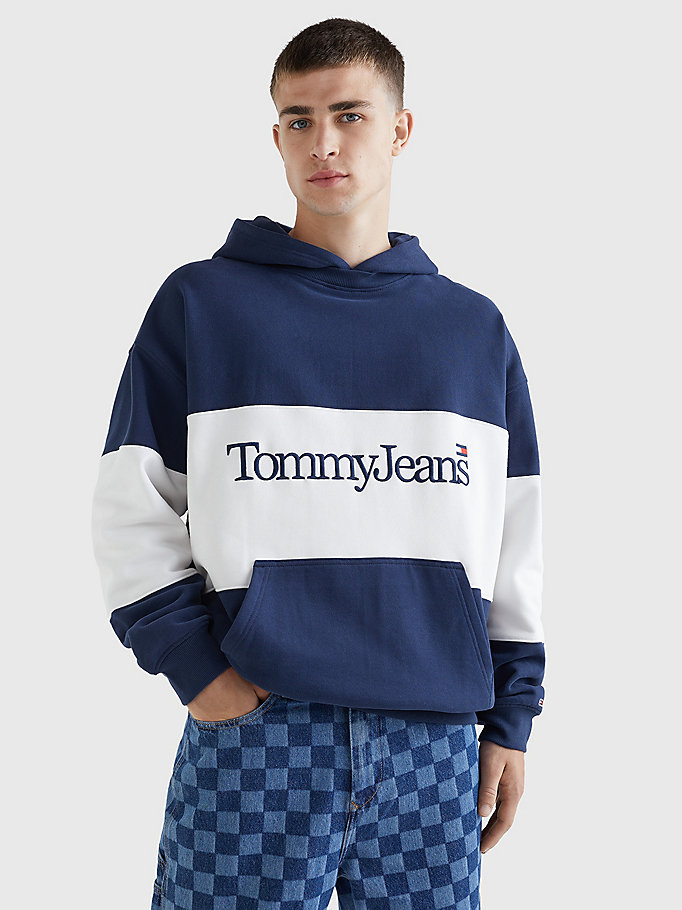 blue colour-blocked skater logo hoody for men tommy jeans
