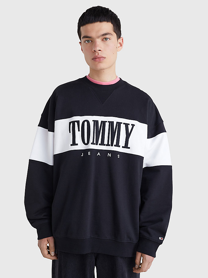 schwarz color block-sweatshirt mit aufgesticktem logo für herren - tommy jeans