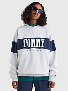 grey colour-blocked logo embroidery sweatshirt for men tommy jeans