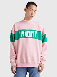 pink colour-blocked logo embroidery sweatshirt for men tommy jeans