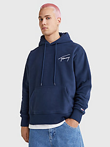 blue signature logo relaxed fit fleece hoody for men tommy jeans