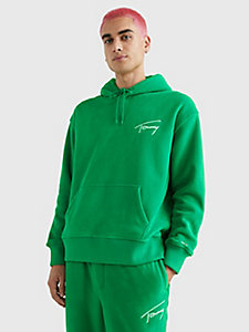 green signature logo relaxed fit fleece hoody for men tommy jeans