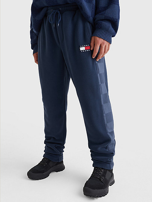blue relaxed checkerboard fleece joggers for men tommy jeans