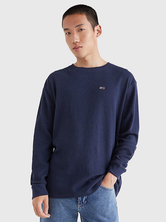 blue waffle knit long sleeve t-shirt for men tommy jeans