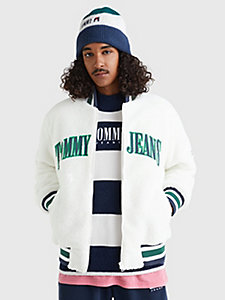 white college embroidery relaxed sherpa baseball jacket for men tommy jeans