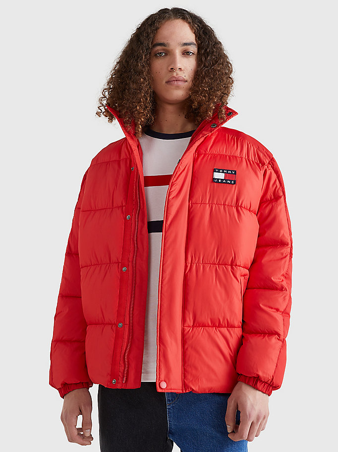 red tonal panel puffer jacket for men tommy jeans