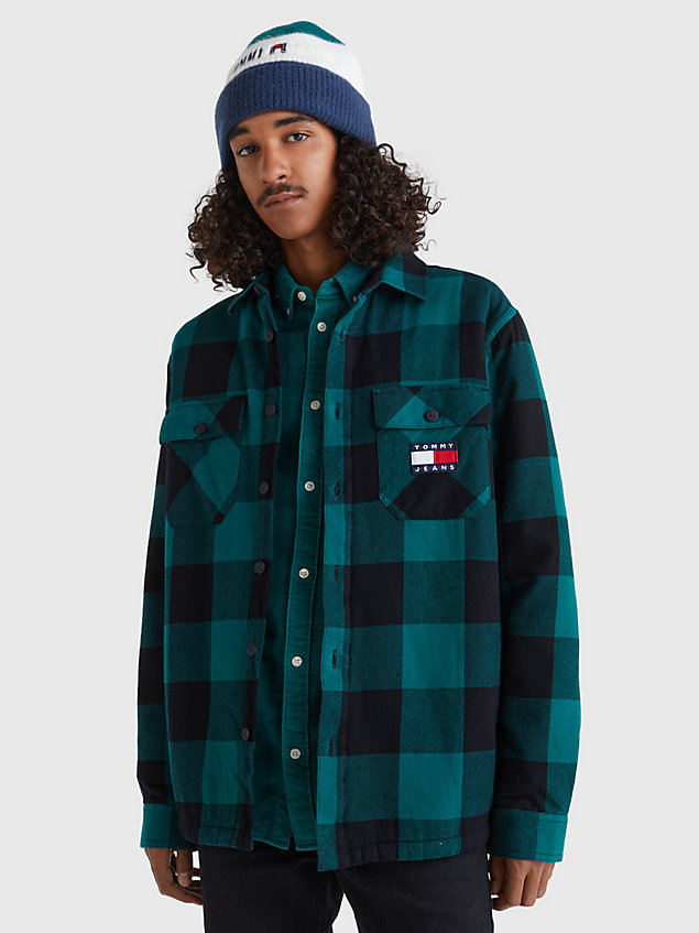 green organic cotton sherpa flannel overshirt for men tommy jeans