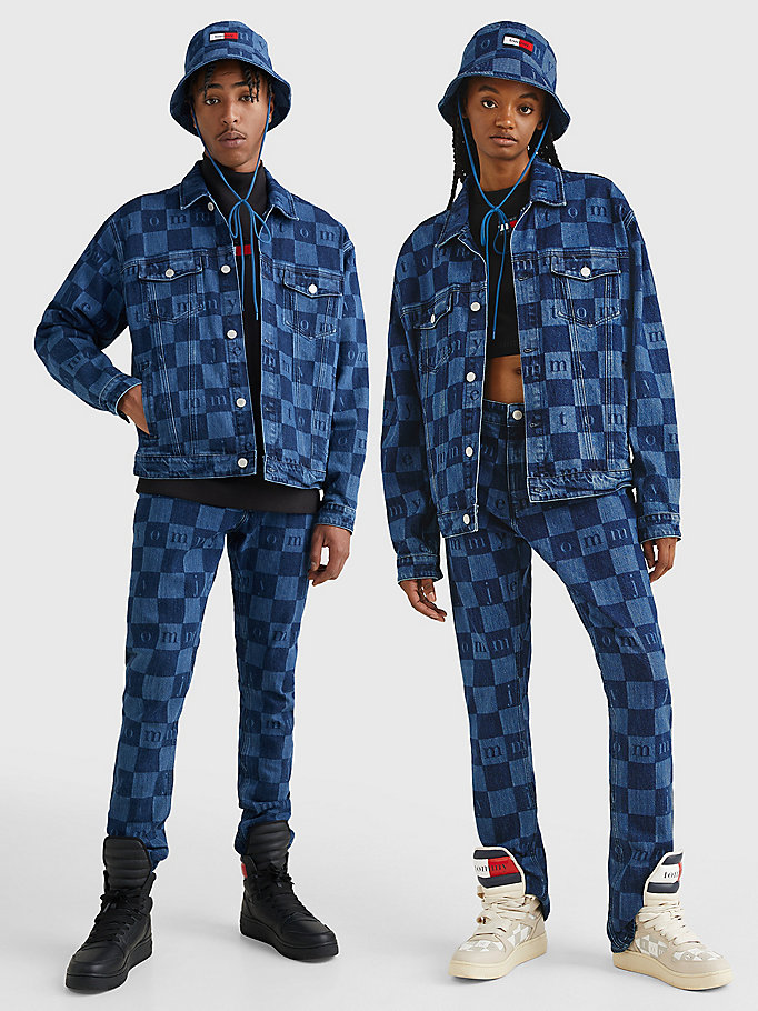 denim checkerboard recycled denim trucker jacket for men tommy jeans