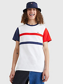 white colour-blocked pure cotton slim fit t-shirt for men tommy jeans