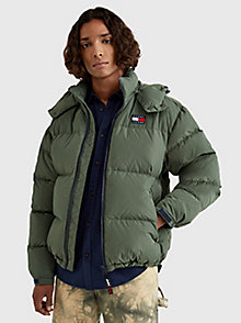 green removable hood alaska puffer jacket for men tommy jeans