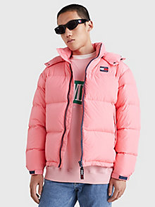 pink removable hood alaska puffer jacket for men tommy jeans
