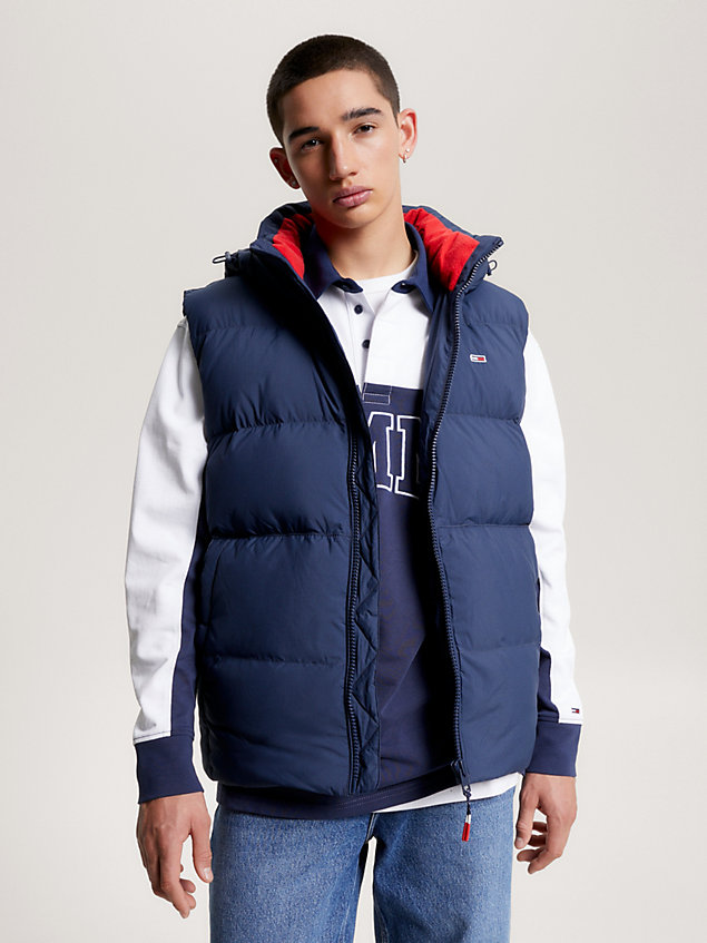 blue essential casual hooded recycled down vest for men tommy jeans