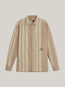 chemise en toile à rayures et logo serif kaki pour hommes tommy jeans