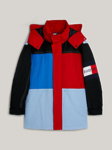 red dual gender nyc logo colour-blocked parka for men tommy jeans