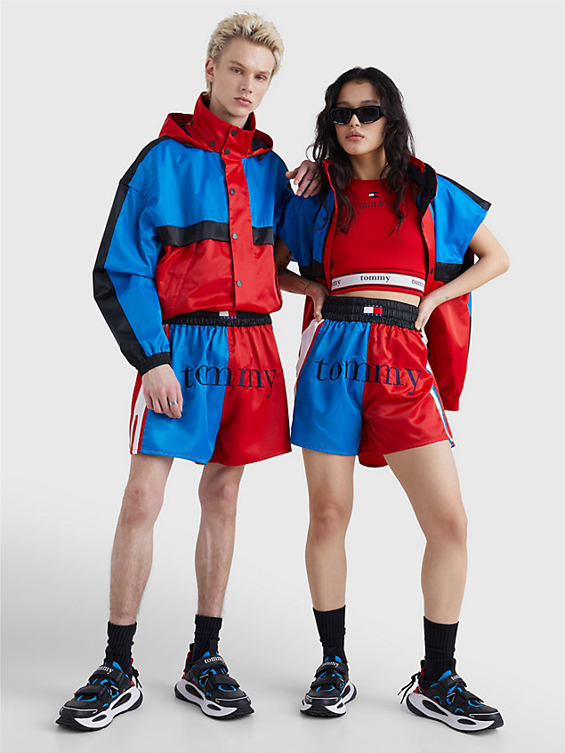red sateen colour-blocked dual gender boxer shorts for men tommy jeans