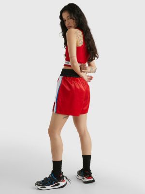 red sateen colour-blocked dual gender boxer shorts for men tommy jeans