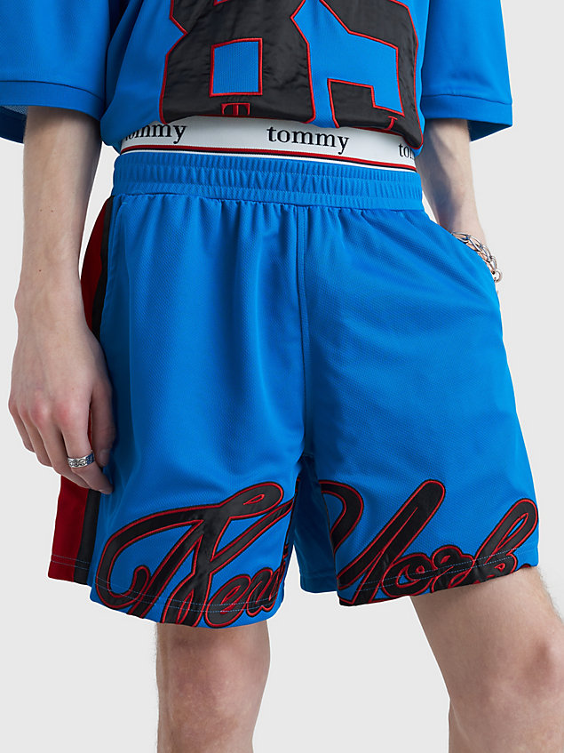 blue double waistband dual gender basketball shorts for men tommy jeans