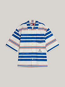 white dual gender mixed stripe bowling shirt for men tommy jeans