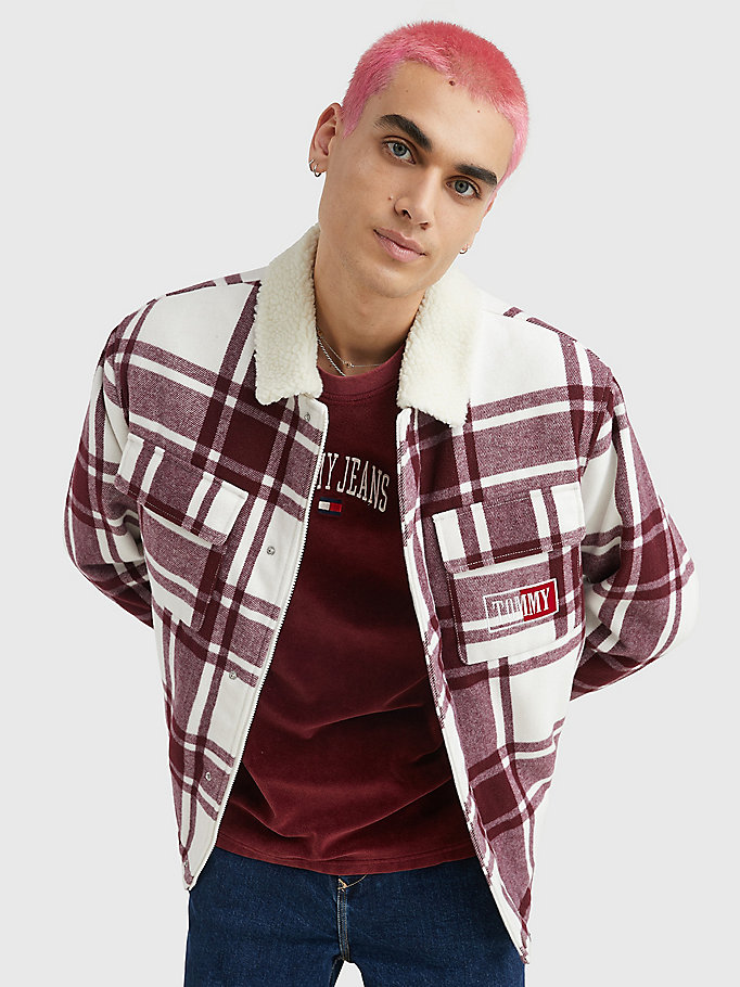 purple exclusive sherpa collar check jacket for men tommy jeans
