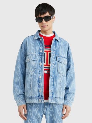 Tommy Jeans flag print oversized denim trucker jacket in mid wash