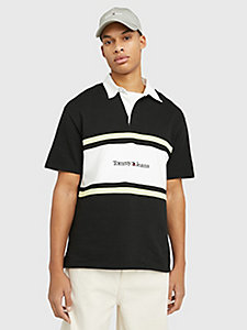 black colour-blocked oversized fit rugby polo for men tommy jeans