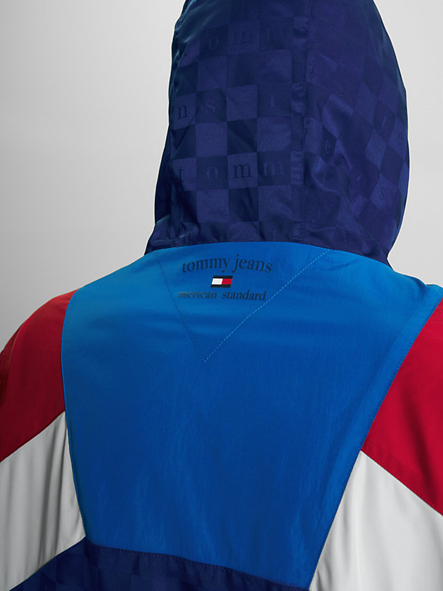 blue checkerboard colour-blocked hooded track jacket for men tommy jeans