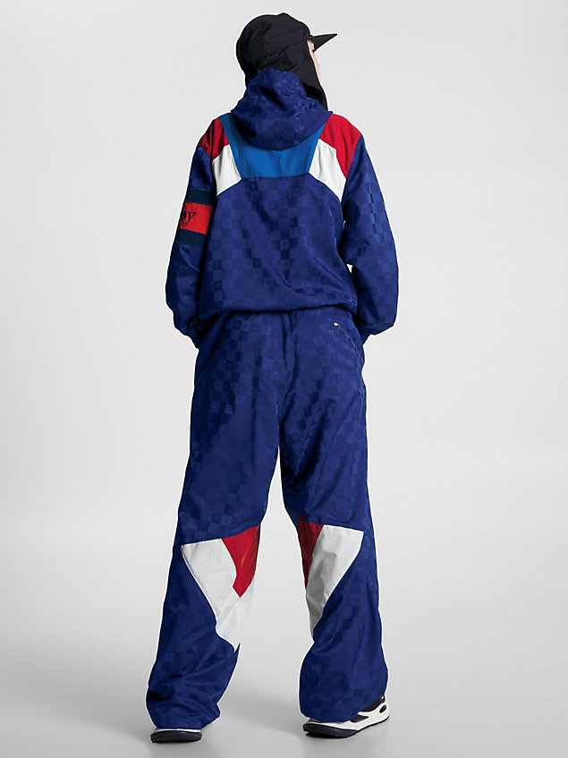 blue checkerboard colour-blocked hooded track jacket for men tommy jeans