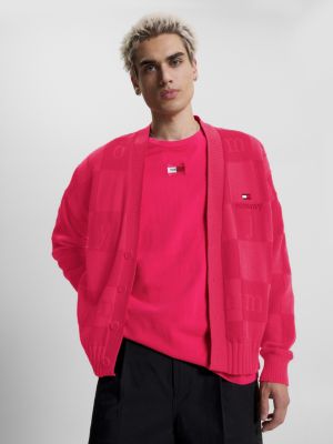 pink checkerboard v-neck cardigan for men tommy jeans
