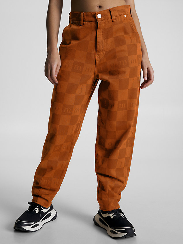 brown checkerboard dual gender relaxed denim trousers for men tommy jeans