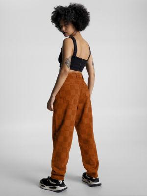 brown checkerboard dual gender relaxed denim trousers for men tommy jeans