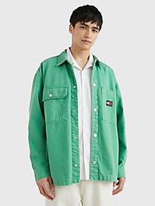 giacca stile camicia in denim con distintivo verde da uomo tommy jeans