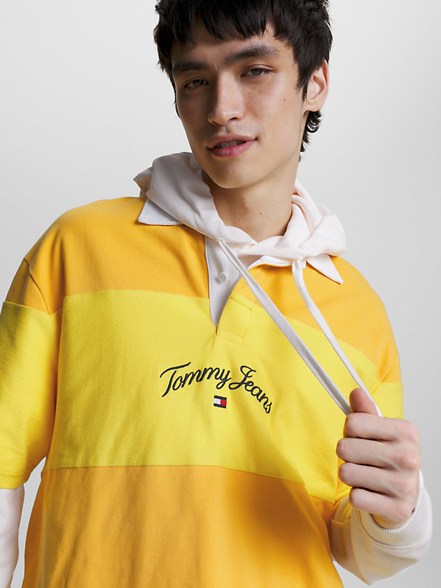 gold stripe oversized short sleeve rugby shirt for men tommy jeans